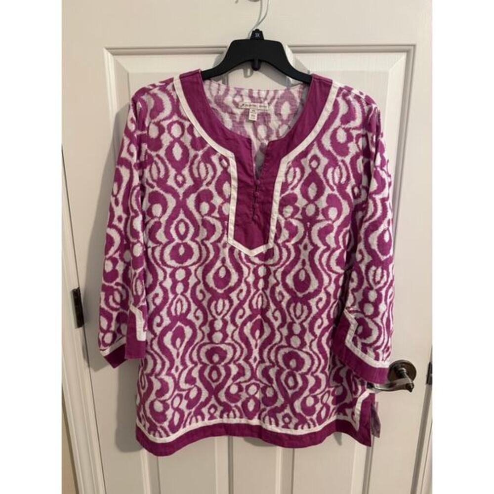 JM Collection 100% Linen Notch Button Neck Purple White Ikat Plus 22W
